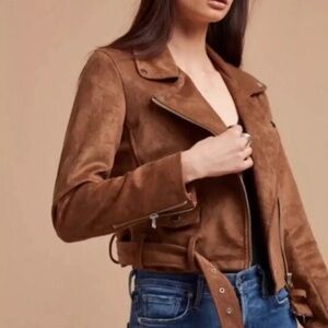 Aritzia Talula Moto Jacket Small Brown Faux Suede Full Zip Notch V-Neck Cropped